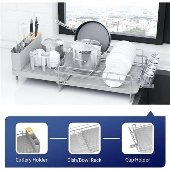 Large extendable dish drying rack with drainboard cutlery holder kitchen counter - Picture 7 of 8
